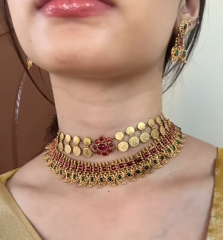 Traditional Dual Layer Temple Coin Choker Necklace Set with Earrings