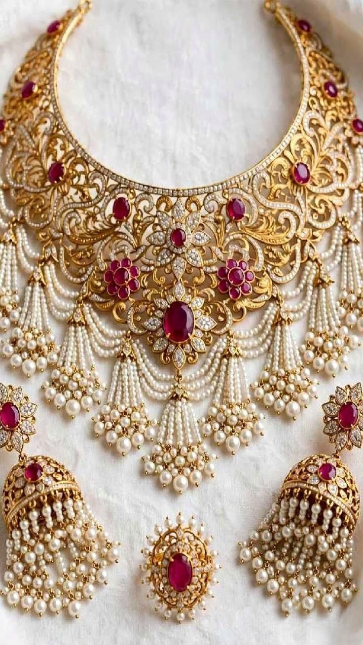 Kundan Pearl Necklace Set with Pink Stone, Long Pearl Drops, Earrings & Maang Tikka