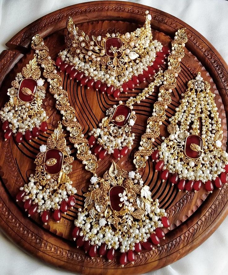 Maroon Kundan Necklace Set with White Pearl Beads, Matching Earrings & Maang Tikka for Women