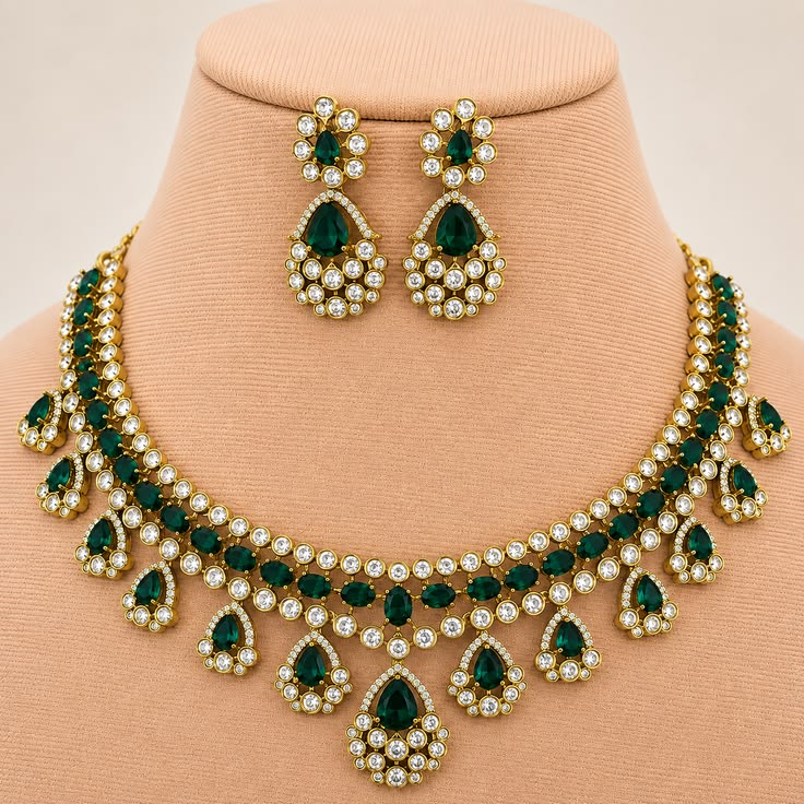Green Stone Necklace Set with White American Diamond, Matching Earrings & Royal Bridal Design