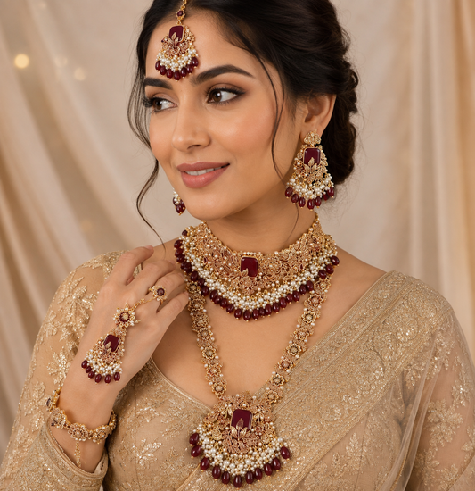Designer Choker Necklace, Long Haram, Earrings, Maang Tikka & Bracelet with Maroon Stones and Pearl Beads