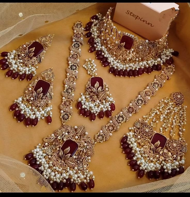 Designer Choker Necklace, Long Haram, Earrings, Maang Tikka & Bracelet with Maroon Stones and Pearl Beads