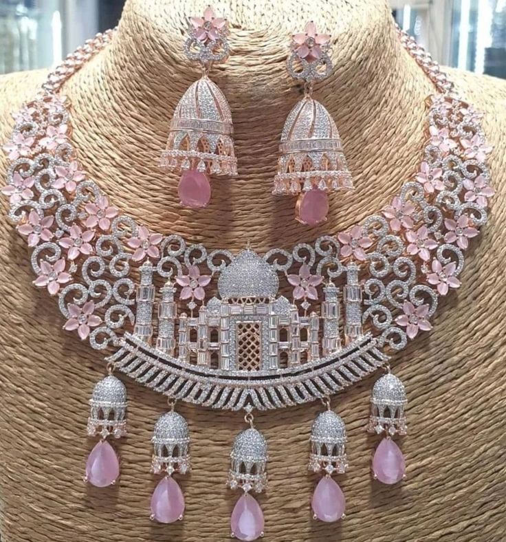 Designer Pink Stone Bridal Necklace with Jhumka Earrings