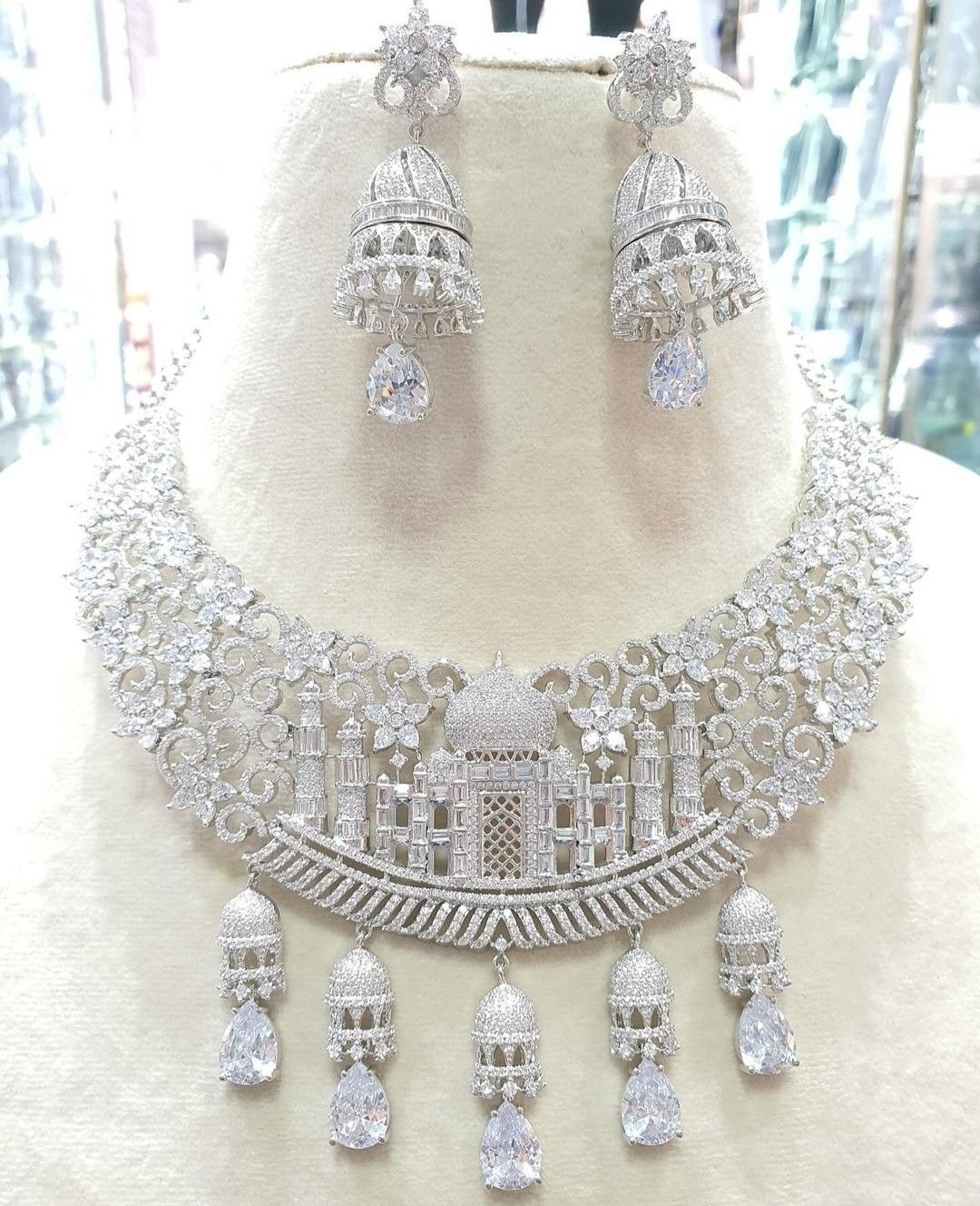 Silver-Plated Taj Mahal Design American Diamond (CZ) Bridal Necklace Set with Matching Jhumka Earrings for Women & Girls