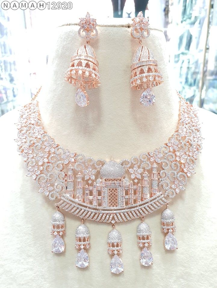 Rose Gold & Silver-Plated Taj Mahal Design American Diamond (CZ) Bridal Necklace Set