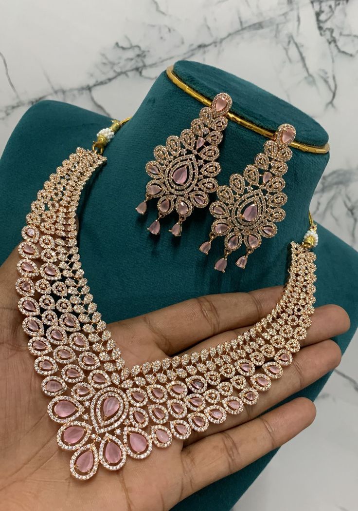 Rose Gold Pink Stone American Diamond Necklace Set with Long Earrings