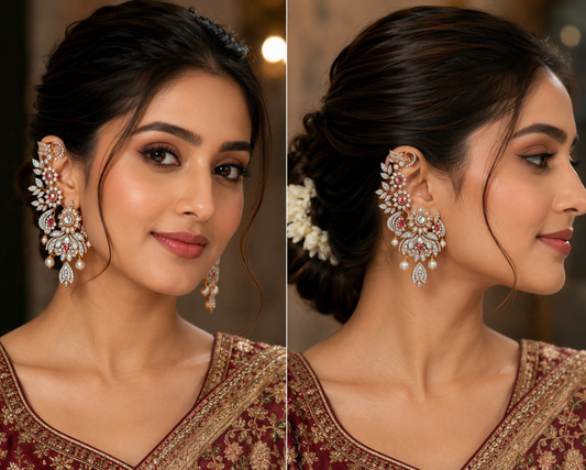 Rose Gold AD Stone Ear Cuff & Statement Earrings with Pearl Drops