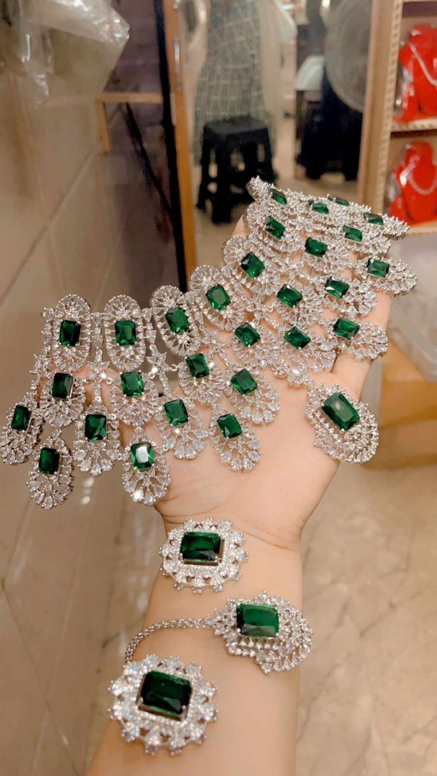 Emerald Green Stone American Diamond Bridal Necklace Set
