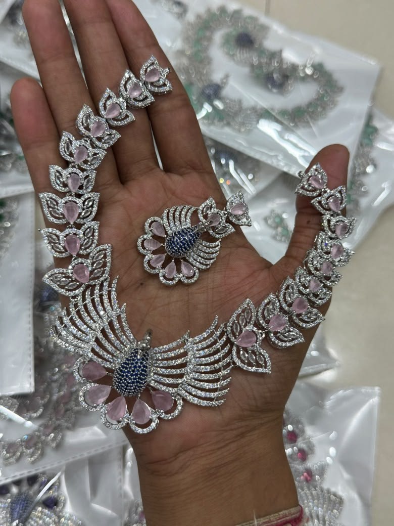 Pink Stone Peacock Necklace Set with AD Zircon