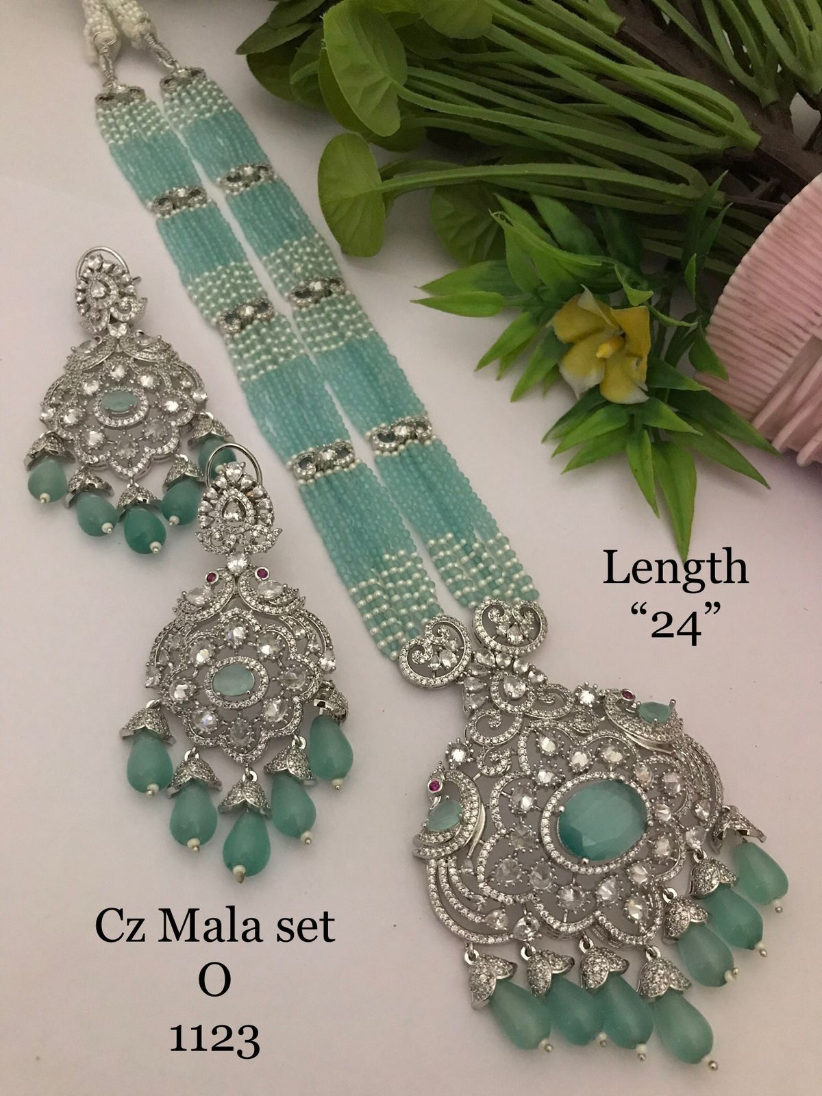 Premium Aqua CZ Mala Necklace Set with American Diamond Pendant & Matching Earrings
