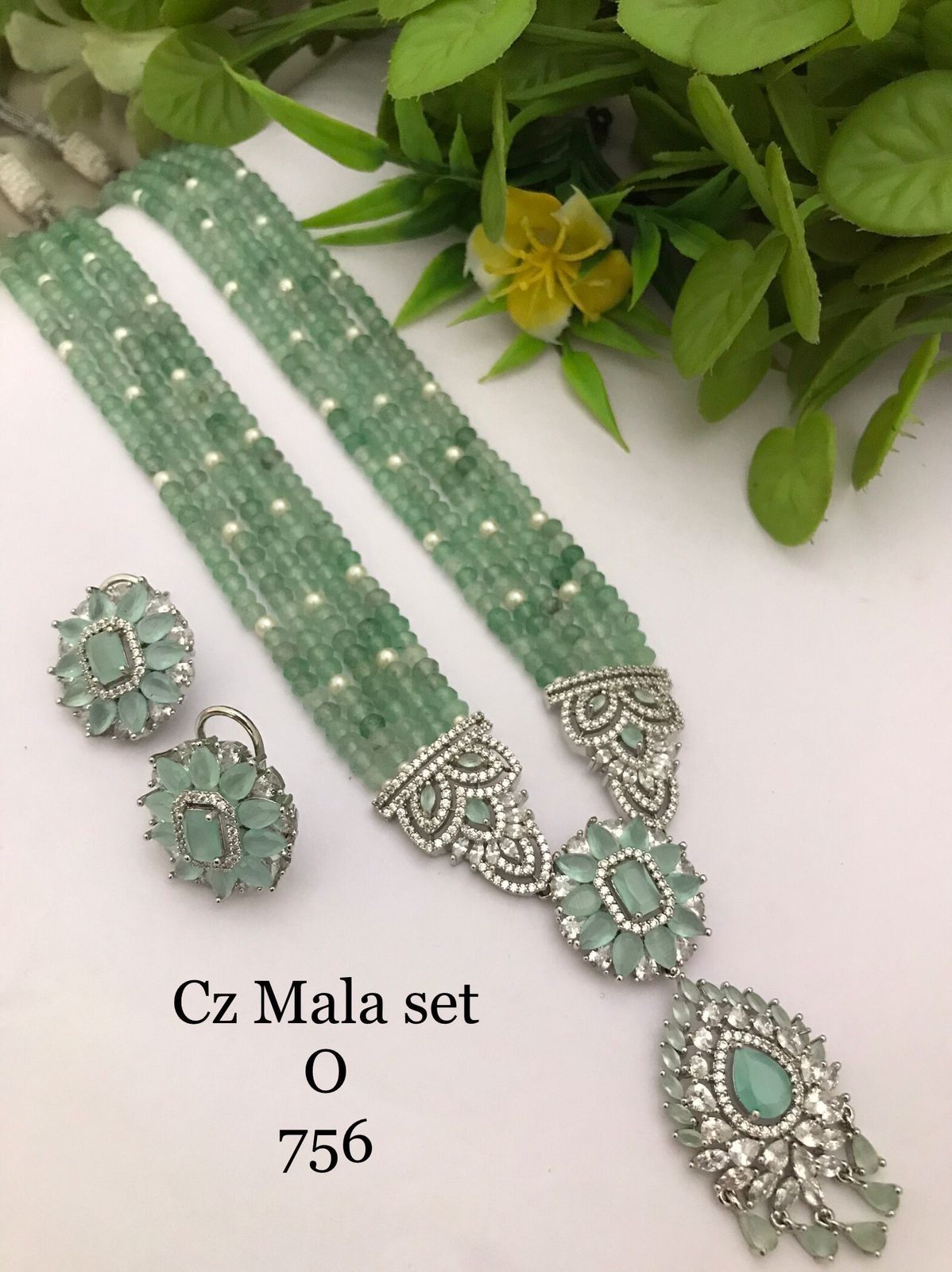 Premium Mint Green CZ Mala Necklace Set with American Diamond Pendant & Matching Earrings
