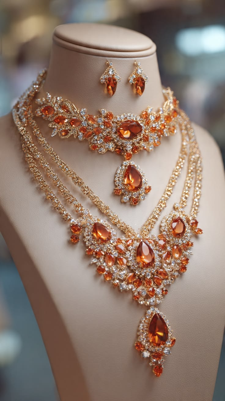 Luxury Champagne Crystal Bridal Necklace Set with American Diamond & Matching Earrings