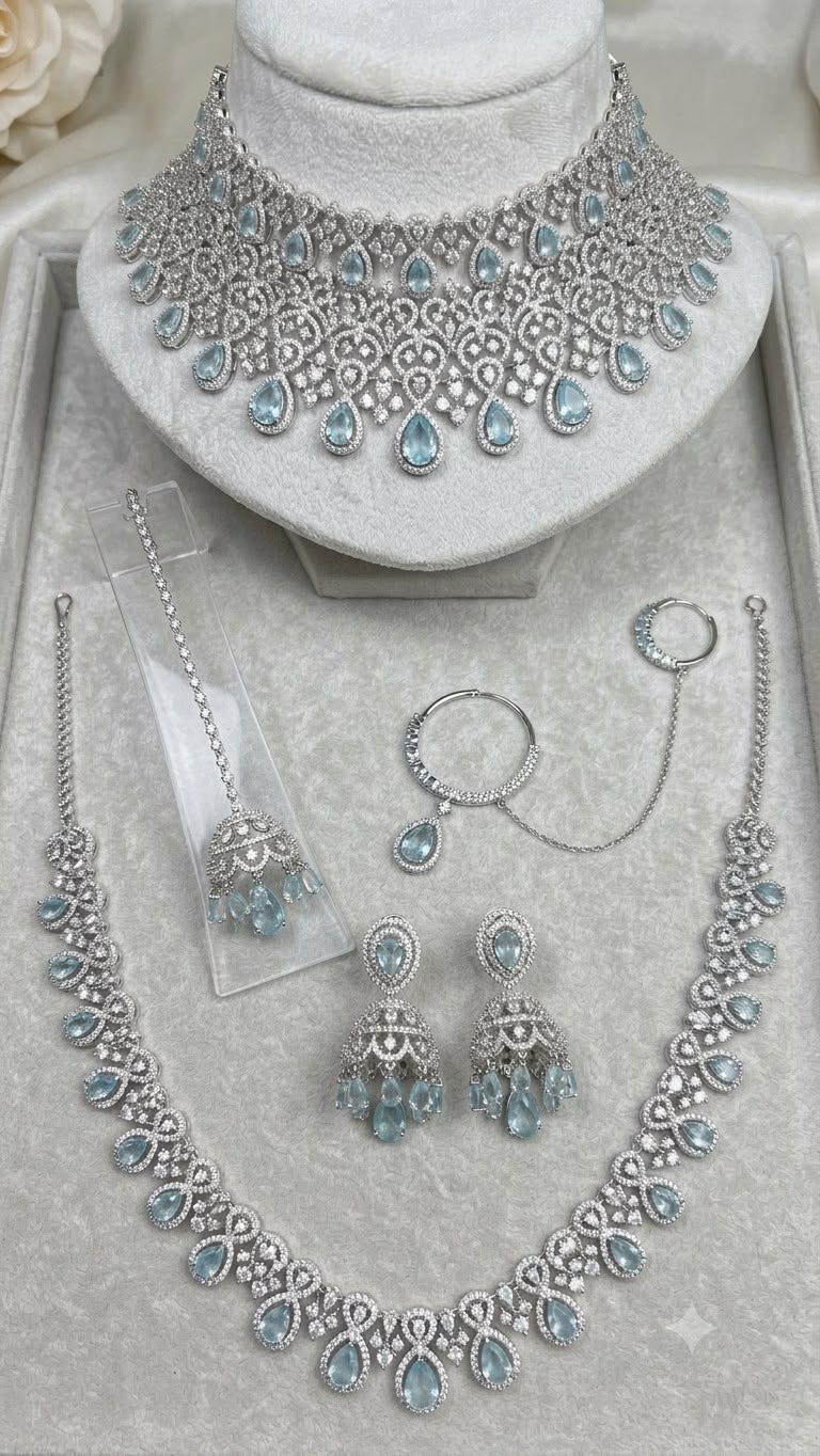 AD Diamond Blue Stone Necklace Set with Long Necklace, Earrings & Maang Tikka