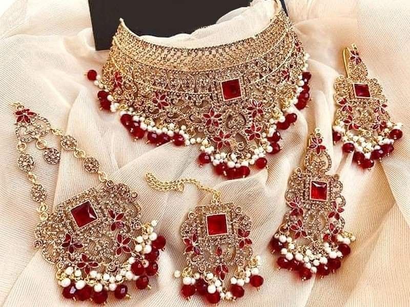 Red AD Stone Choker Necklace Set with Matching Earrings, Pearl and Beaded Bridal Jewellery