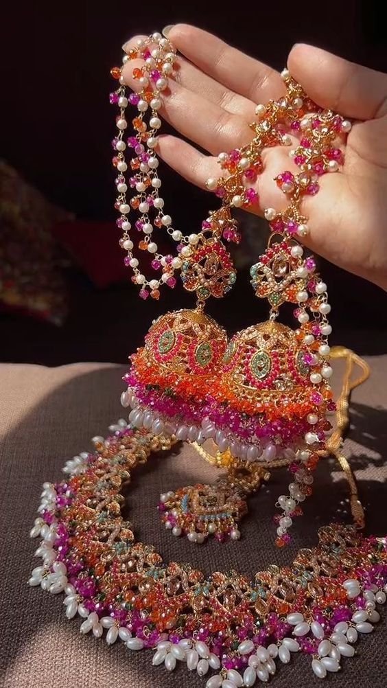 Multicolor Designer Bridal Pearl Necklace Set with Jhumka Earrings