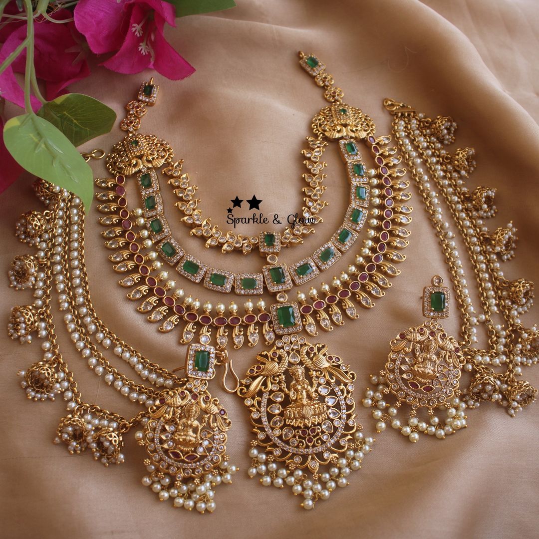 Premium Green Emerald Kundan Bridal Necklace Set with Pearl Drops & Matching Earrings