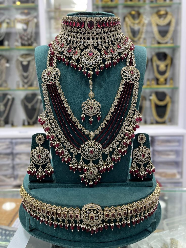 Premium Maroon Ruby Kundan Bridal Necklace Set with Heavy Choker, Multi-Layer Mala & Matching Earrings