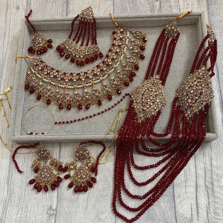 Traditional Kundan Maroon Beaded Necklace Set | Bridal Jewellery Set with Earrings, Maang Tikka & Long Necklace