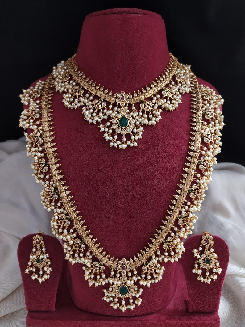 Temple Long Haram & Choker Set with Pearl Drops and Matching Earrings