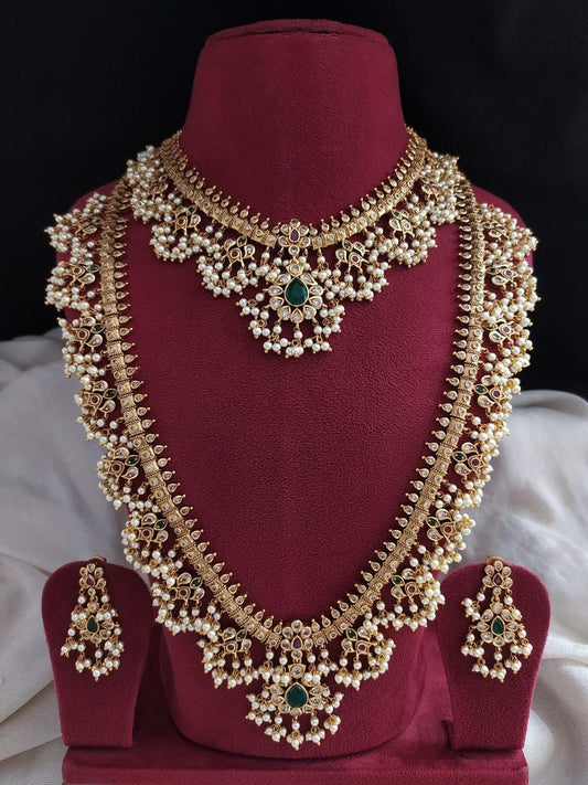 Temple Long Haram & Choker Set with Pearl Drops and Matching Earrings