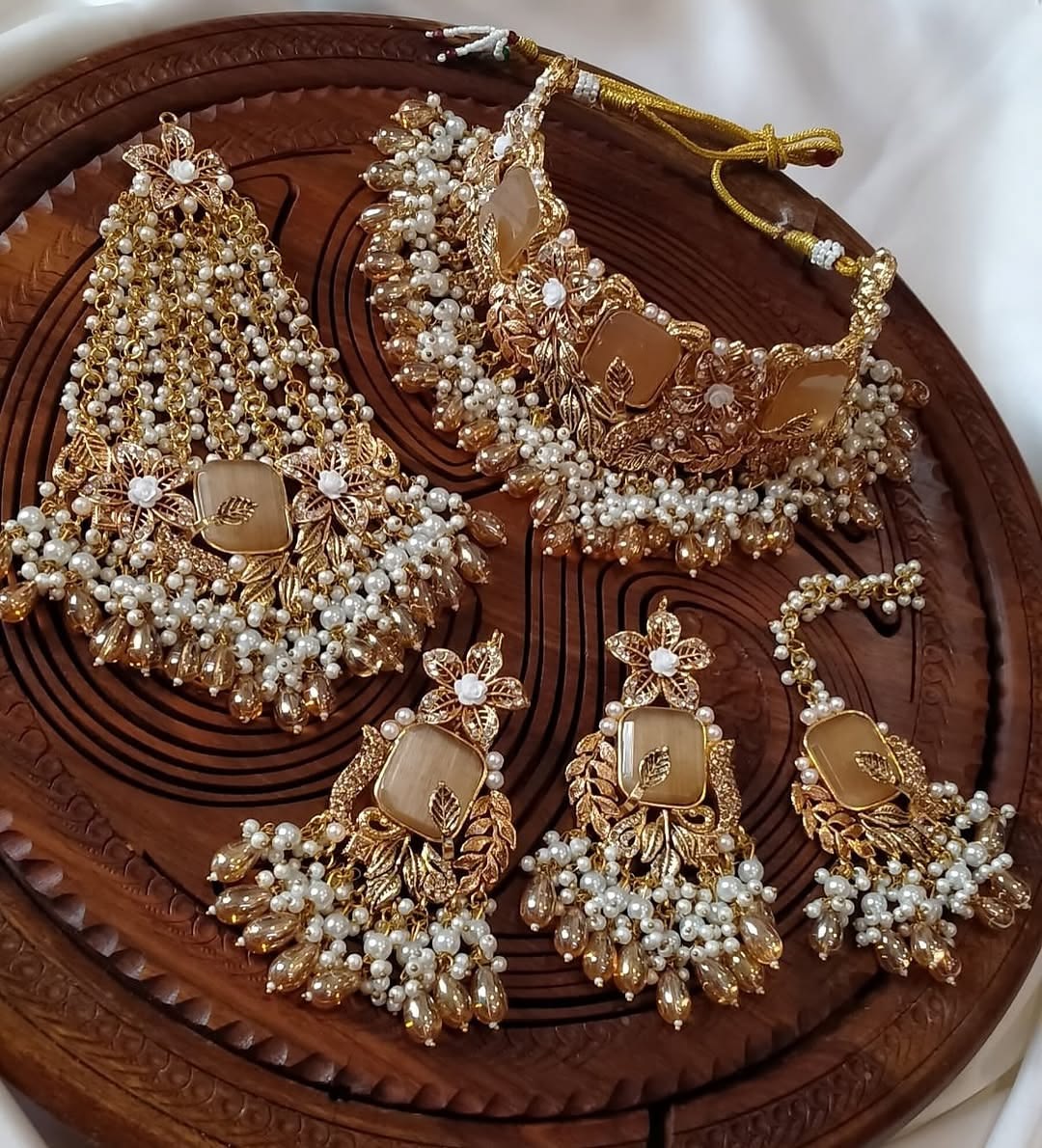 Traditional Gold Plated Pearl Necklace Set with Champagne Stones, Floral Design & Matching Earrings for Women