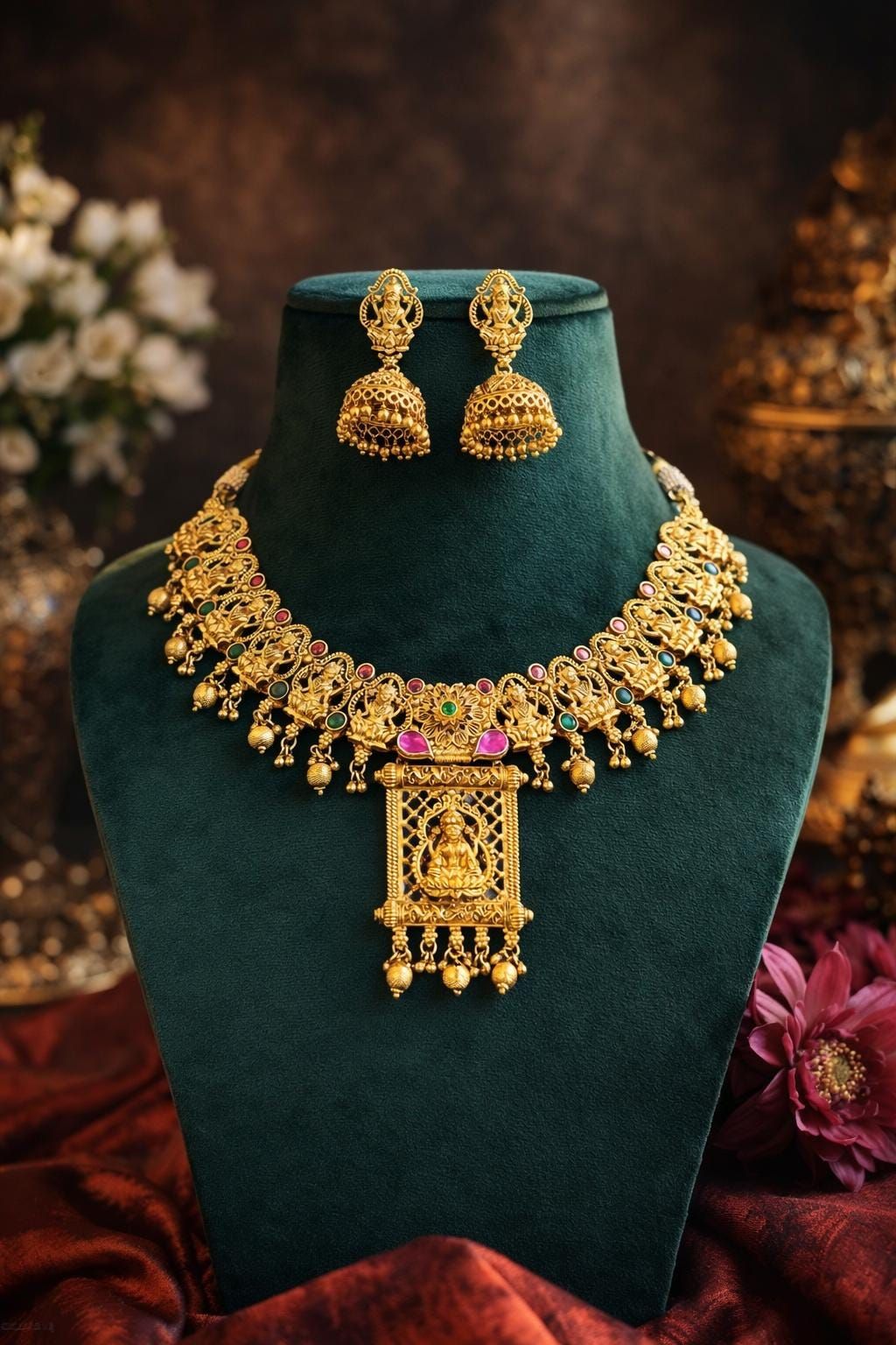 Royal Temple Lakshmi Necklace Set with Jhumka Earrings – Antique Gold Bridal Jewelry