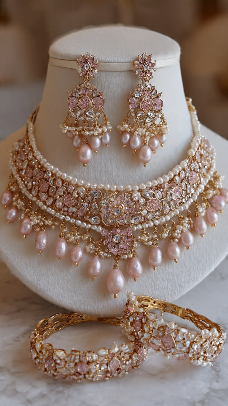 Pink Kundan Pearl Necklace Set with Matching Earrings & Bangles for Wedding & Bridal Wear