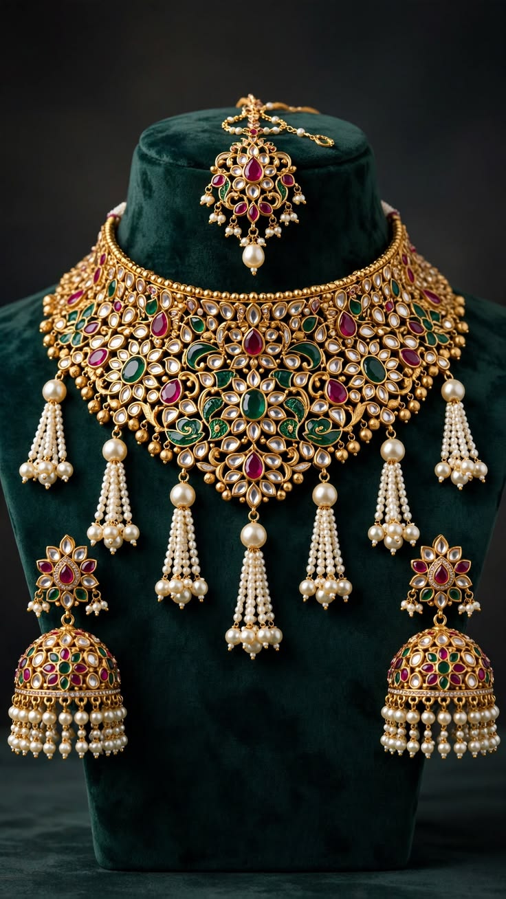 Meenakari Kundan Bridal Necklace Set with Pearl Jhumka Earrings & Maang Tikka