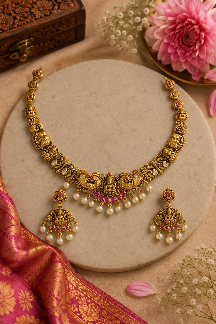 Temple Lakshmi Antique Gold Necklace Set with Pearl Drops