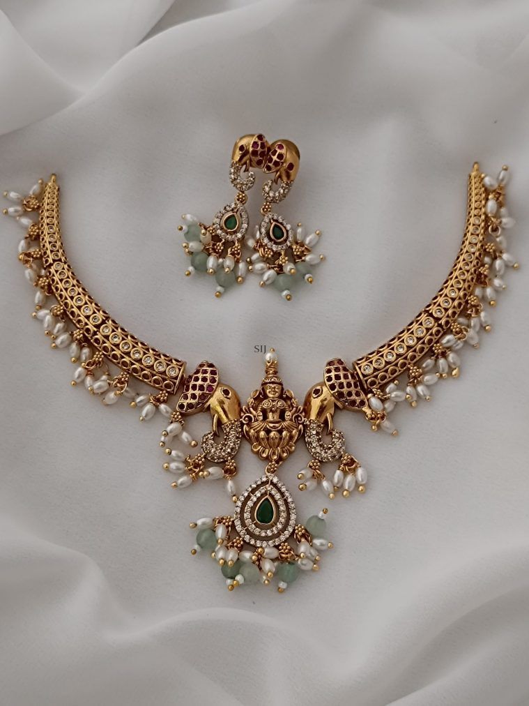 Antique Temple Peacock Lakshmi Necklace Set with Green Stone & Pearl Drops