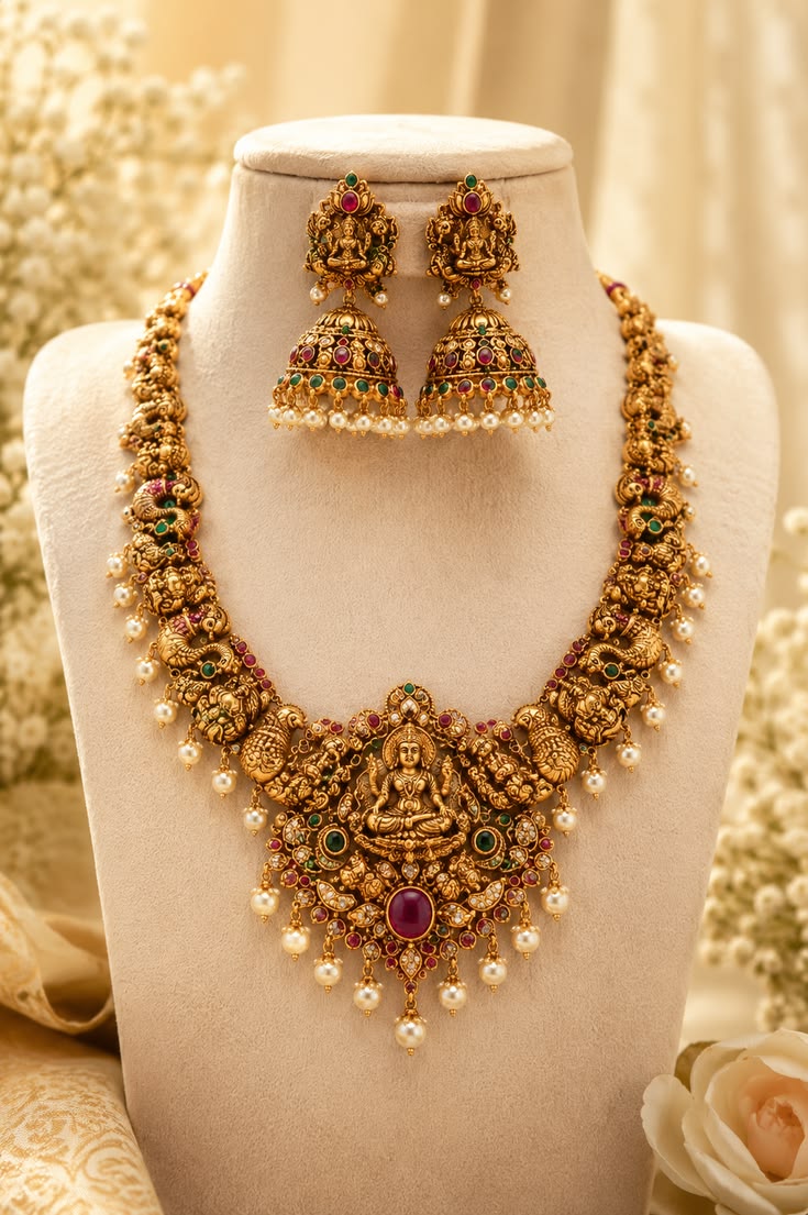 Traditional Antique Temple Lakshmi Necklace Set with Jhumka Earrings