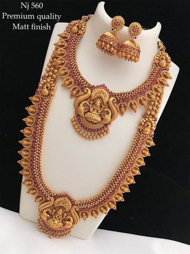 Traditional Temple Jewelry Matte Finish Lakshmi Long Haram Necklace Set with Jhumka Earrings