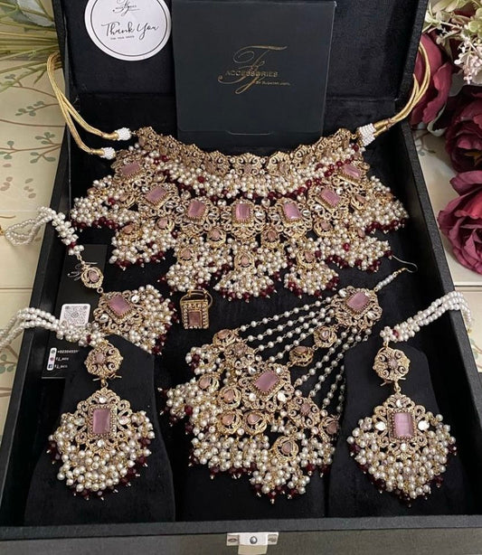 Premium Bridal Kundan Pearl Choker Necklace Set with Earrings & Maang Tikka