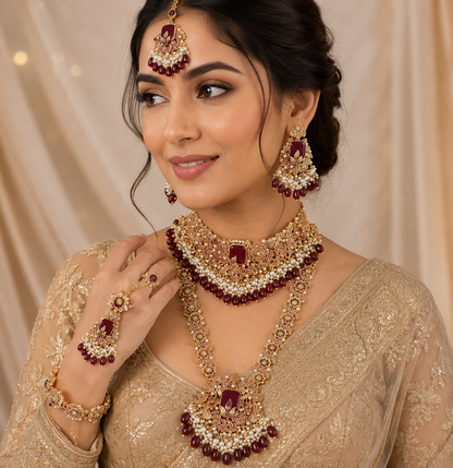Designer Choker Necklace, Long Haram, Earrings, Maang Tikka & Bracelet with Maroon Stones and Pearl Beads