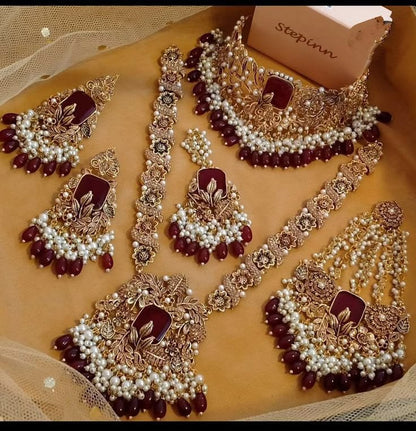 Designer Choker Necklace, Long Haram, Earrings, Maang Tikka & Bracelet with Maroon Stones and Pearl Beads