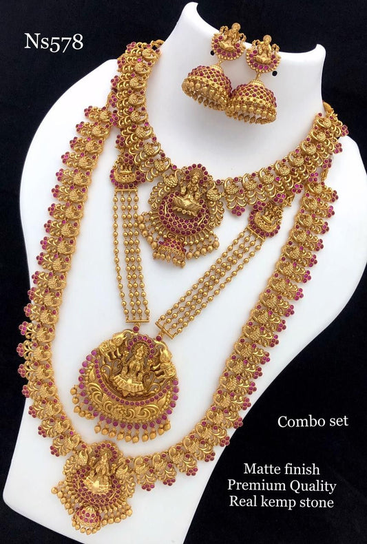 Premium Temple Jewelry Combo Set with Lakshmi Pendant & Long Haram