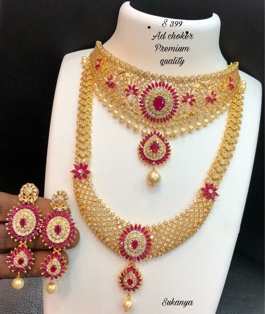 Premium AD Choker Necklace Set with Long Haram
