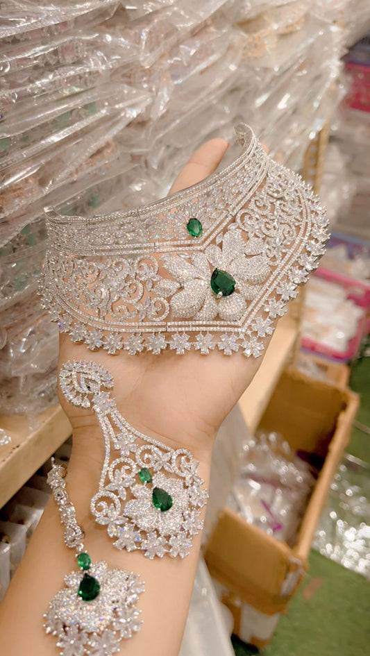 Designer CZ Bridal Choker with Emerald Green Stones & Statement Earrings