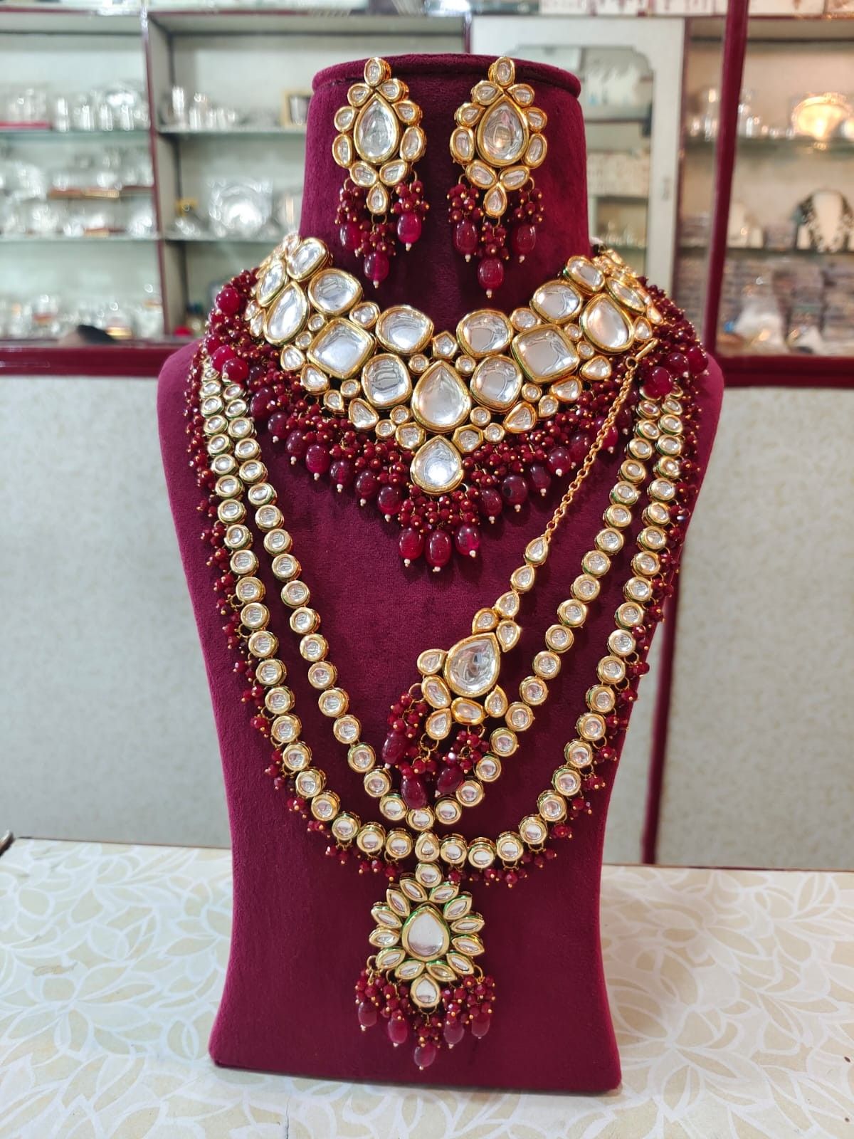 Antique Gold Plated Choker, Double Layer Long Necklace, Earrings & Maang Tikka with Maroon Beads