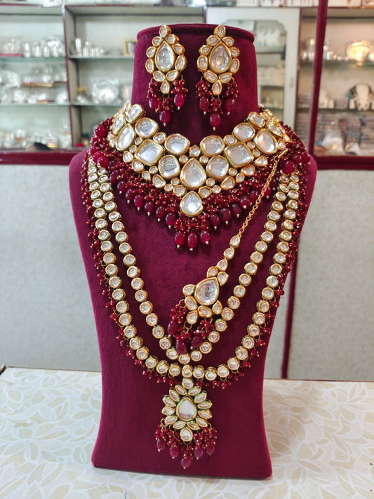 Antique Gold Plated Choker, Double Layer Long Necklace, Earrings & Maang Tikka with Maroon Beads