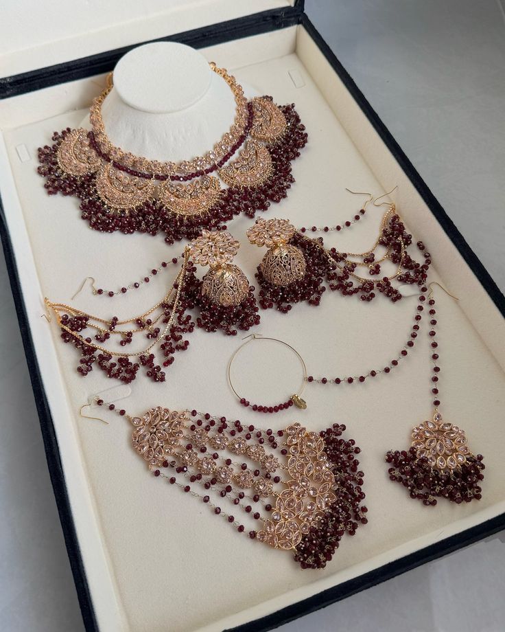 Designer Maroon Beaded Bridal Necklace Set with Jhumka Earrings & Maang Tikka