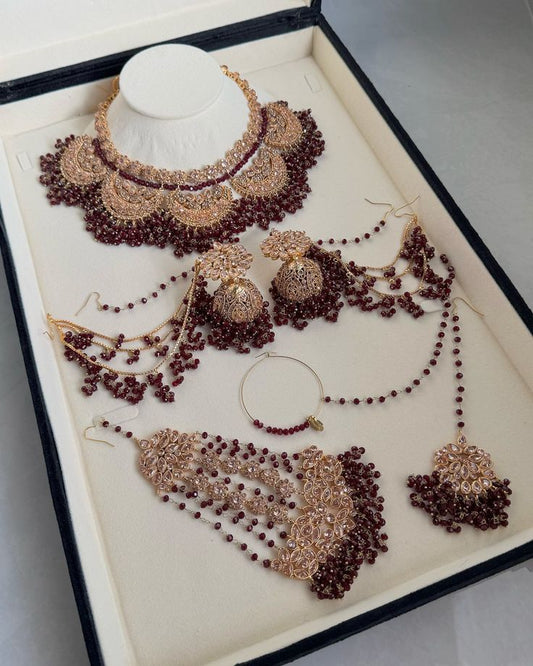 Designer Maroon Beaded Bridal Necklace Set with Jhumka Earrings & Maang Tikka