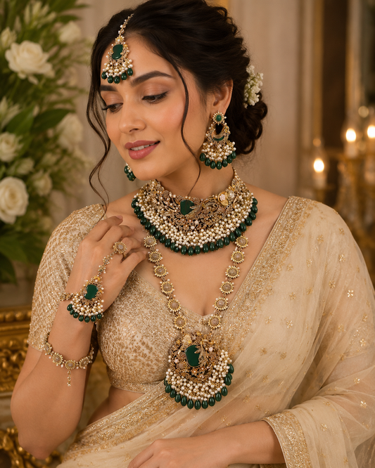 Designer Choker, Long Necklace, Earrings, Maang Tikka & Hathphool with Green Stones and Pearl Beads
