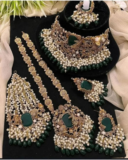 Designer Choker, Long Necklace, Earrings, Maang Tikka & Hathphool with Green Stones and Pearl Beads