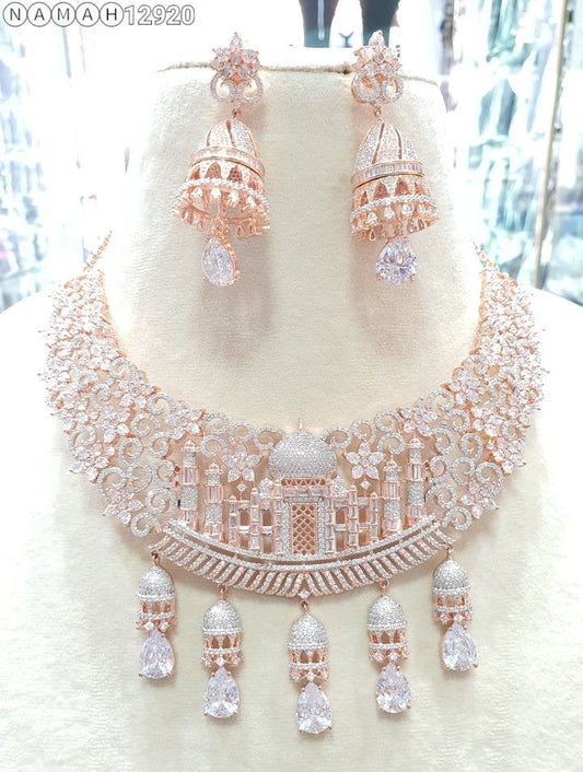 Rose Gold & Silver-Plated Taj Mahal Design American Diamond (CZ) Bridal Necklace Set