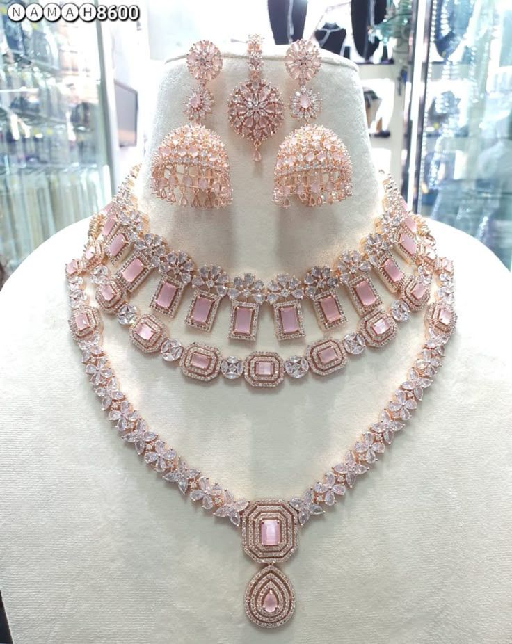 Pink Stone Choker, Long Necklace, Jhumka Earrings & Maang Tikka