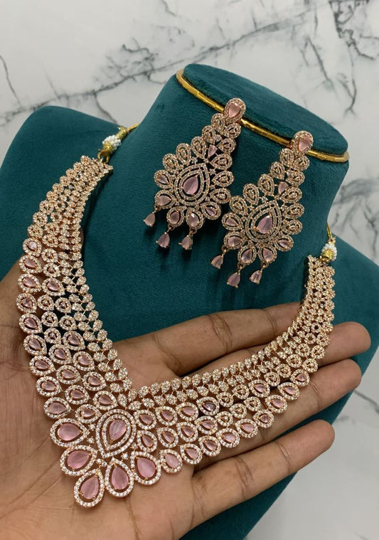 Rose Gold Pink Stone American Diamond Necklace Set with Long Earrings