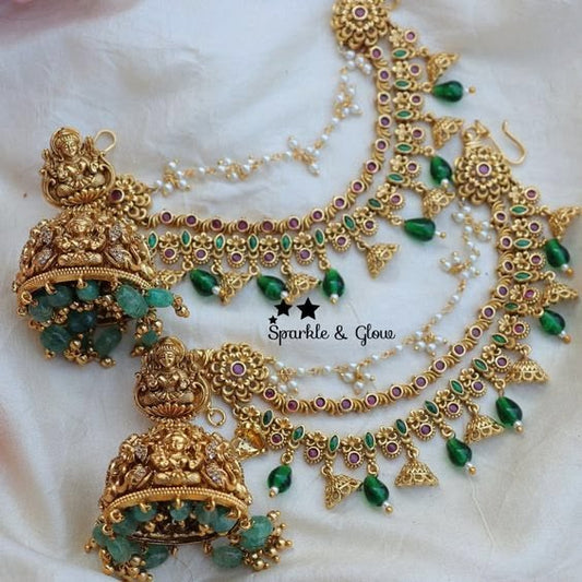 Traditional Temple Design Green Beads Heavy Jhumka Earrings
