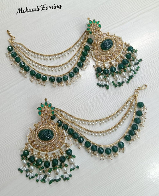 Elegant Green Mehandi Bridal Earrings with Pearl & Beads Chain