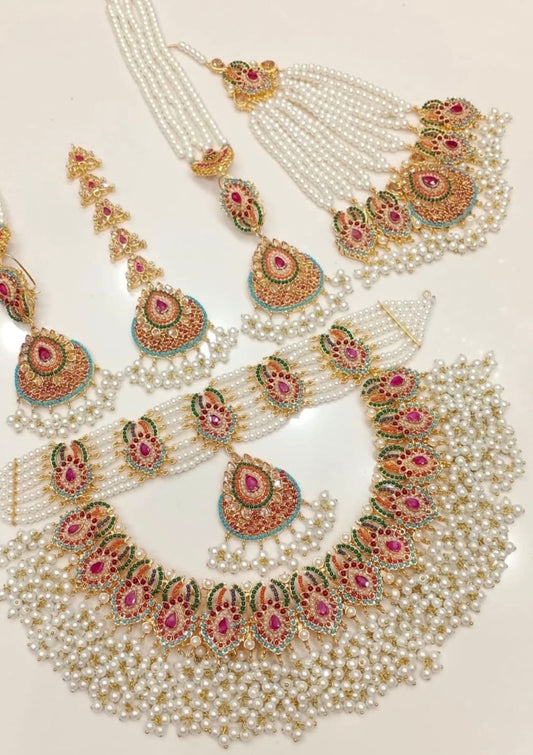 Traditional Kundan Pearl Necklace Set with Multicolor Stonework, Gold-Plated Bridal Jewellery Set